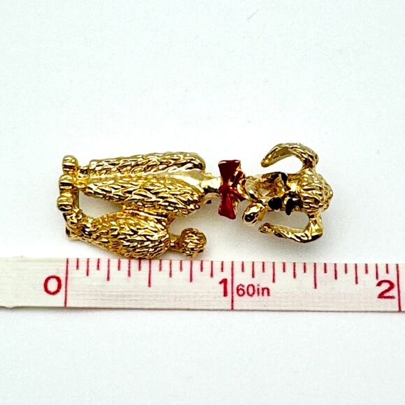 Vintage Gold-Tone Poodle Brooch Pin With Red Bow Tie 2 Inches - Picture 6 of 6